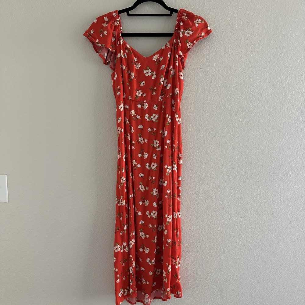 Old Navy Flutter Sleeve Crepe‎ Midi Dress Womens XS Orange Floral Print Smocked
